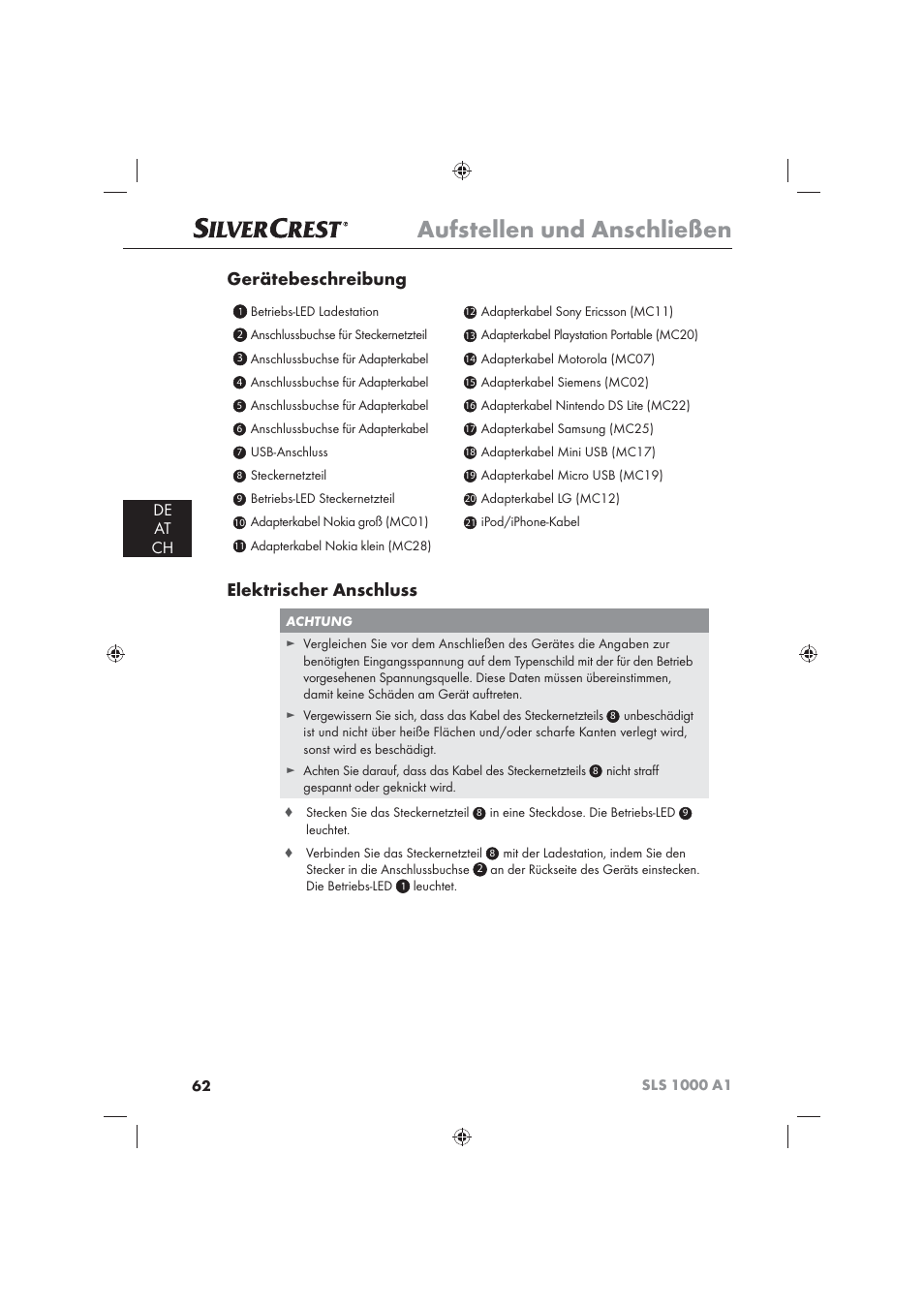 Aufstellen und anschließen, Gerätebeschreibung, Elektrischer anschluss | De at ch | Silvercrest SLS 1000 A1 User Manual | Page 64 / 72