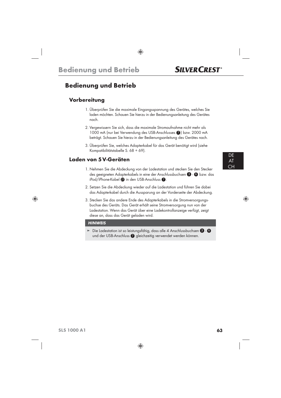 Bedienung und betrieb, Vorbereitung, Laden von 5 v-geräten | De at ch | Silvercrest SLS 1000 A1 User Manual | Page 65 / 72