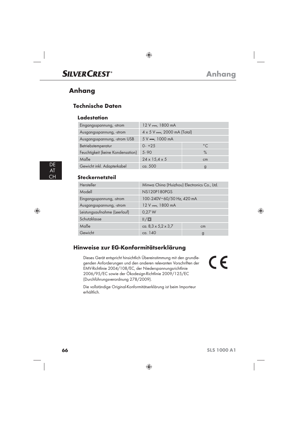 Anhang, Technische daten, Hinweise zur eg-konformitätserklärung | De at ch, Ladestation, Steckernetzteil | Silvercrest SLS 1000 A1 User Manual | Page 68 / 72