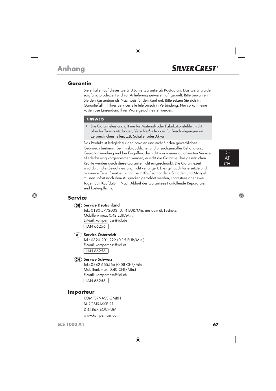 Anhang, Garantie, Service | Importeur, De at ch | Silvercrest SLS 1000 A1 User Manual | Page 69 / 72