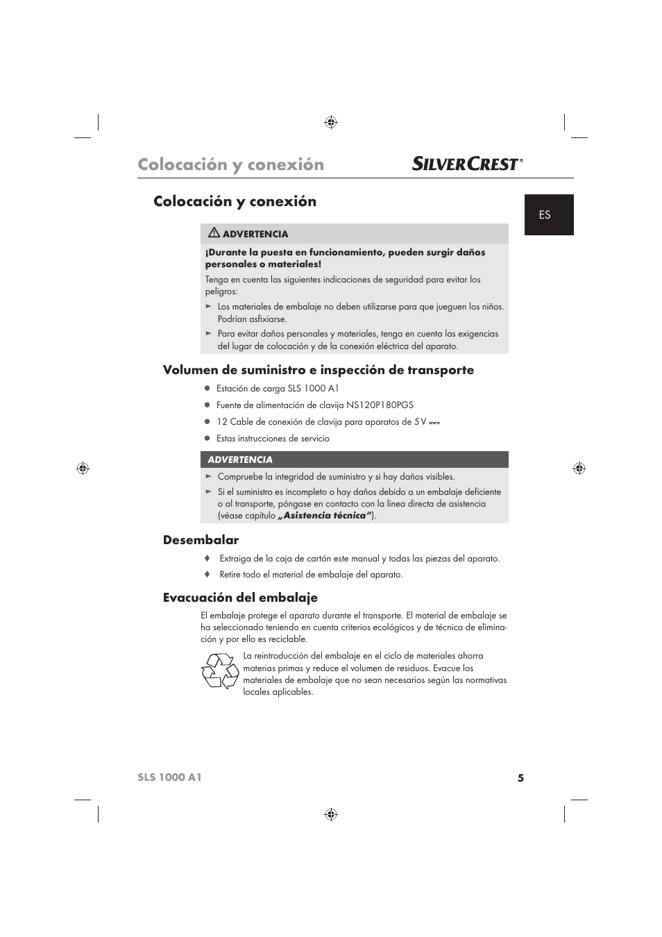 Colocación y conexión, Volumen de suministro e inspección de transporte, Desembalar | Evacuación del embalaje | Silvercrest SLS 1000 A1 User Manual | Page 7 / 72