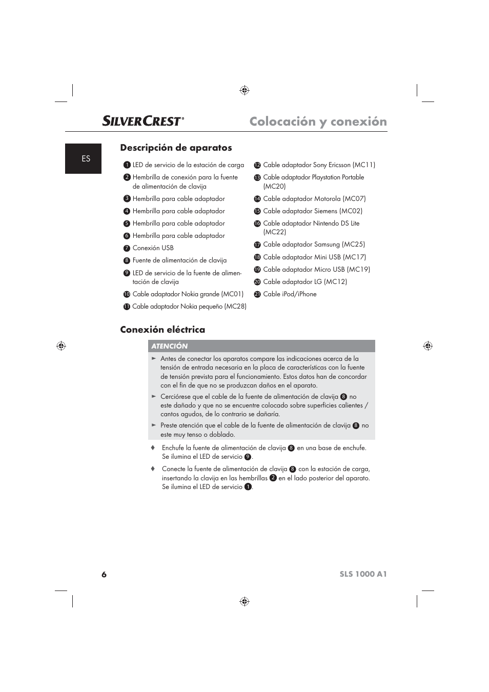 Colocación y conexión, Descripción de aparatos, Conexión eléctrica | Silvercrest SLS 1000 A1 User Manual | Page 8 / 72