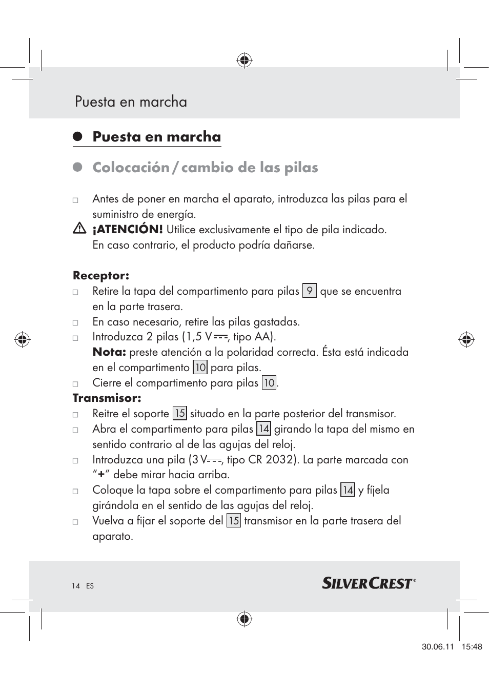 Puesta en marcha, Puesta en marcha colocación / cambio de las pilas | Silvercrest Z30914 User Manual | Page 15 / 74