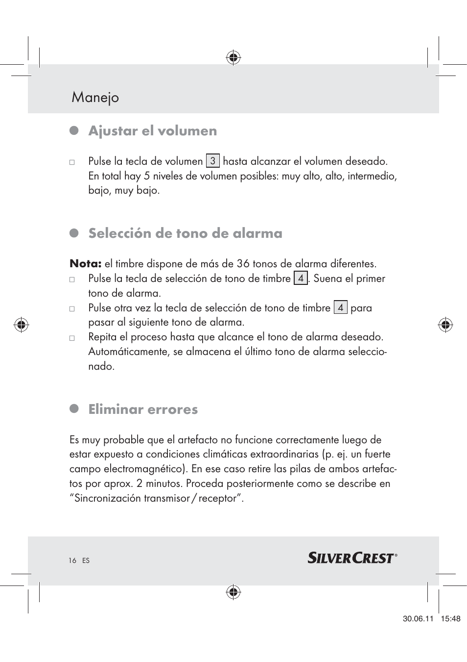 Manejo, Ajustar el volumen, Selección de tono de alarma | Eliminar errores | Silvercrest Z30914 User Manual | Page 17 / 74