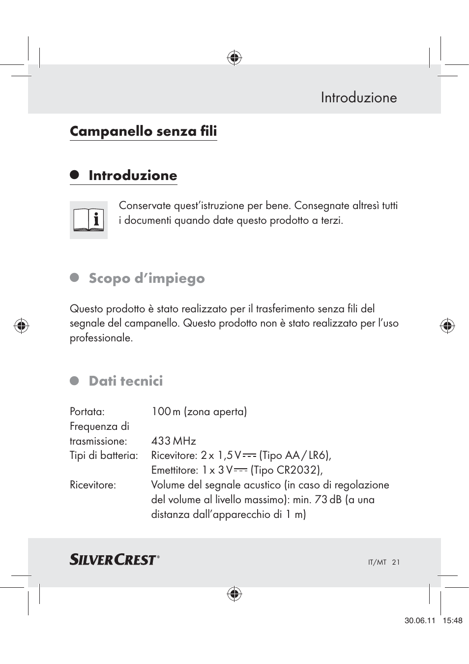 Campanello senza ﬁli, Introduzione, Scopo d’impiego | Dati tecnici | Silvercrest Z30914 User Manual | Page 22 / 74