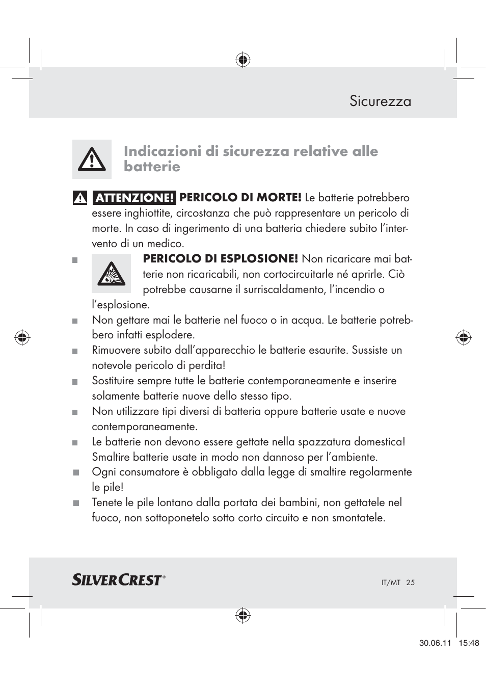 Sicurezza, Indicazioni di sicurezza relative alle batterie | Silvercrest Z30914 User Manual | Page 26 / 74