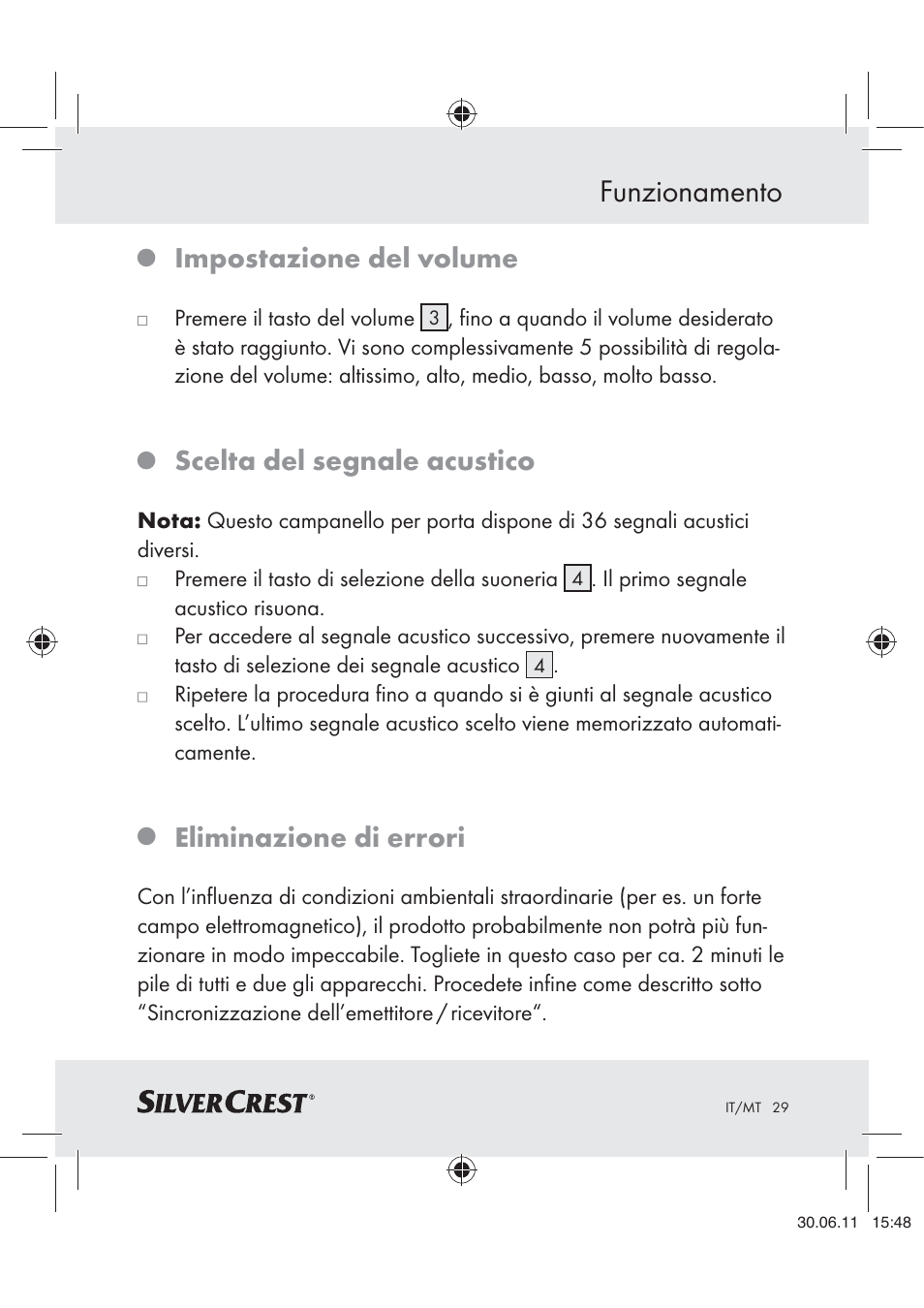 Funzionamento, Impostazione del volume, Scelta del segnale acustico | Eliminazione di errori | Silvercrest Z30914 User Manual | Page 30 / 74