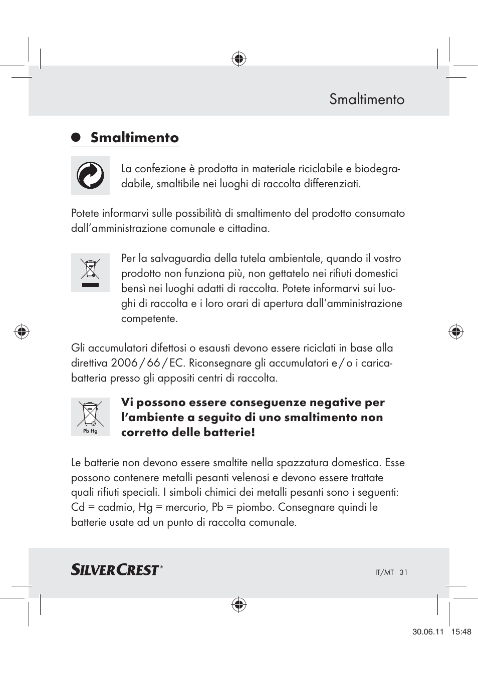 Smaltimento | Silvercrest Z30914 User Manual | Page 32 / 74