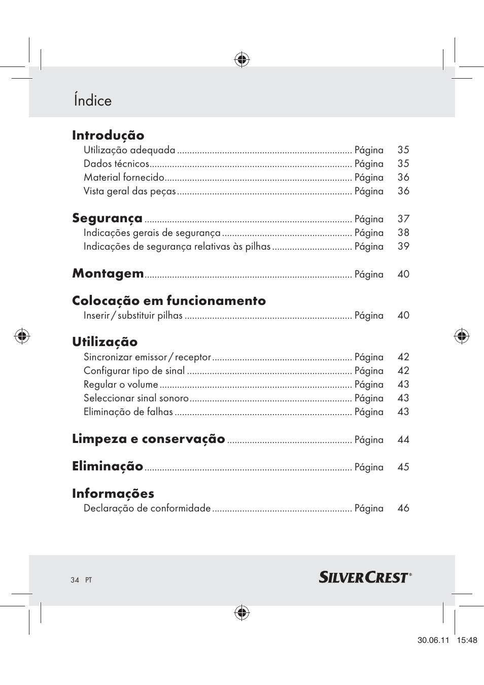 Índice, Introdução, Segurança | Montagem, Colocação em funcionamento, Utilização, Limpeza e conservação, Eliminação, Informações | Silvercrest Z30914 User Manual | Page 35 / 74