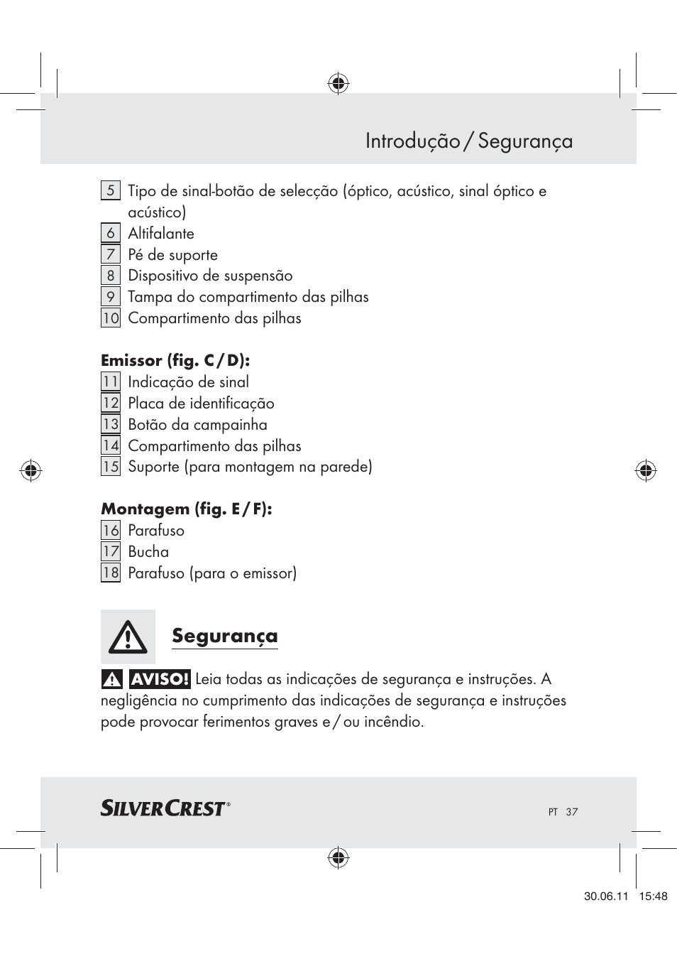 Introdução / segurança, Segurança | Silvercrest Z30914 User Manual | Page 38 / 74