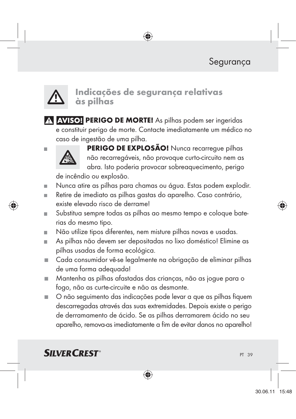 Segurança, Indicações de segurança relativas às pilhas | Silvercrest Z30914 User Manual | Page 40 / 74