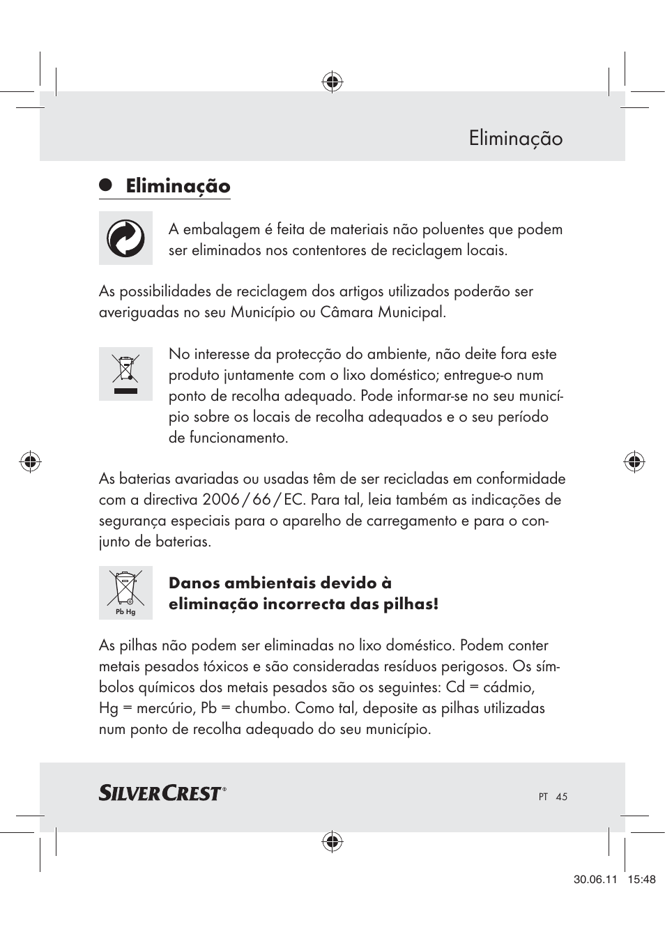Eliminação | Silvercrest Z30914 User Manual | Page 46 / 74