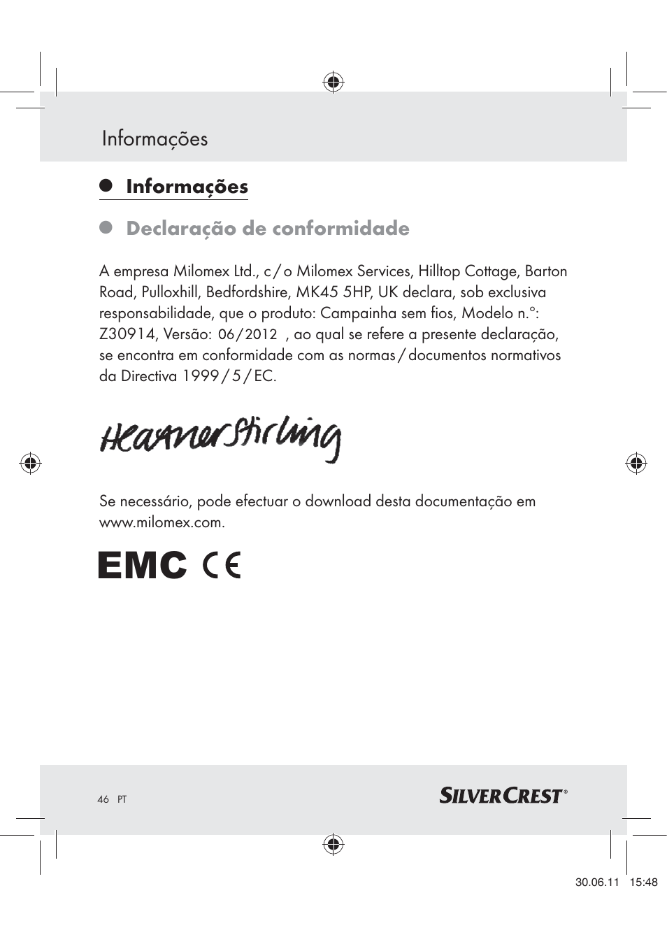 Informações, Declaração de conformidade | Silvercrest Z30914 User Manual | Page 47 / 74