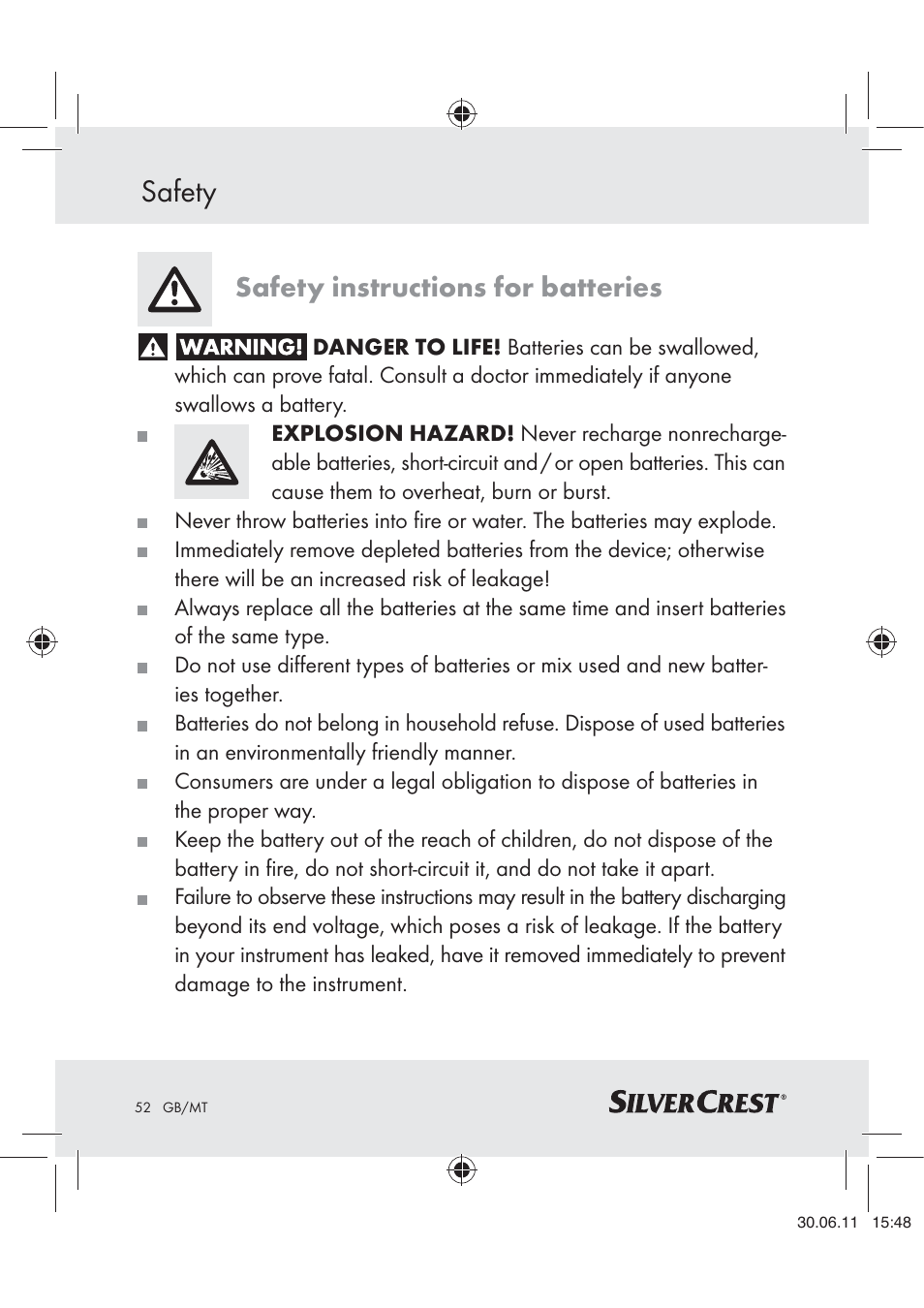 Safety, Safety instructions for batteries | Silvercrest Z30914 User Manual | Page 53 / 74