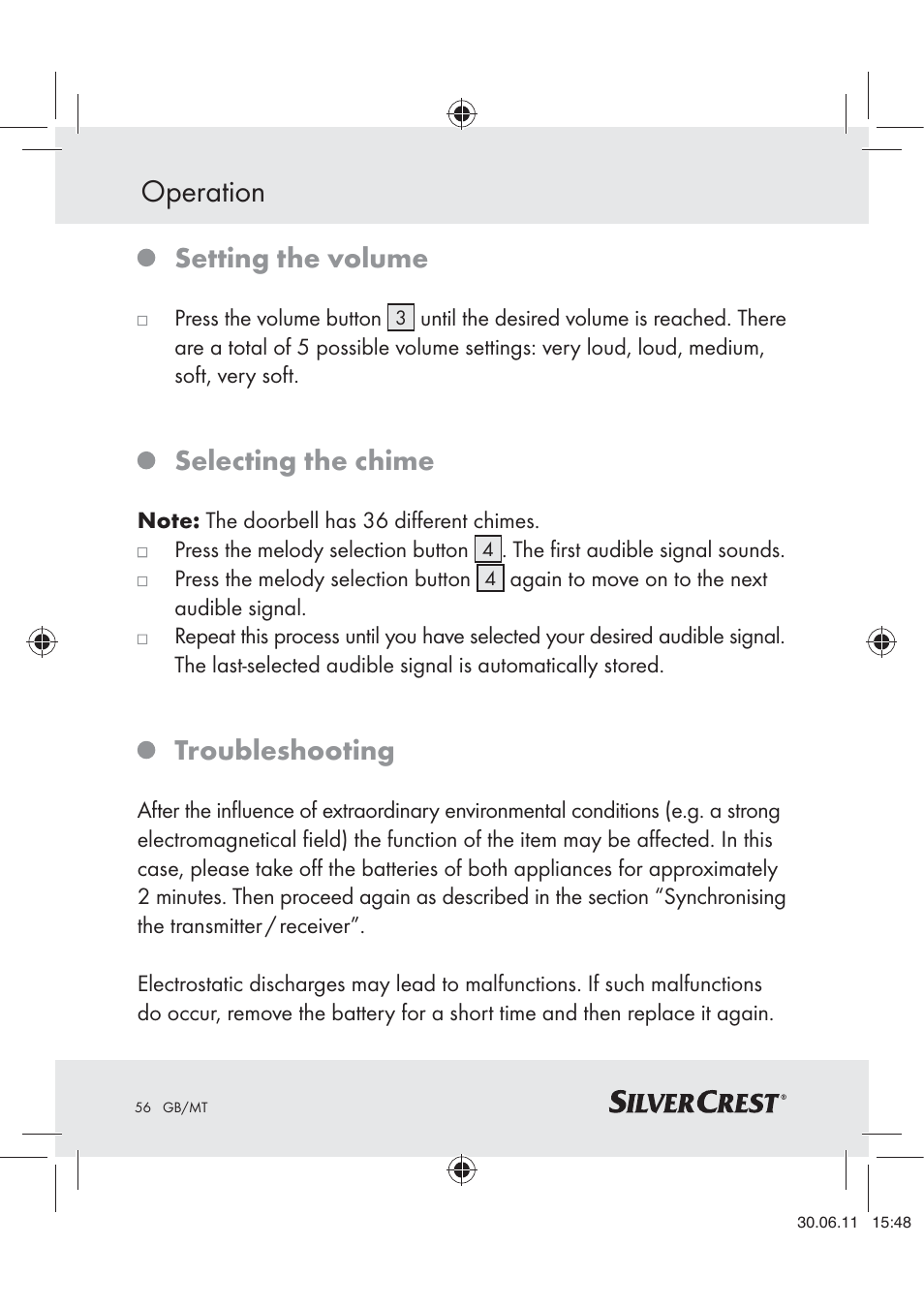 Operation, Setting the volume, Selecting the chime | Troubleshooting | Silvercrest Z30914 User Manual | Page 57 / 74