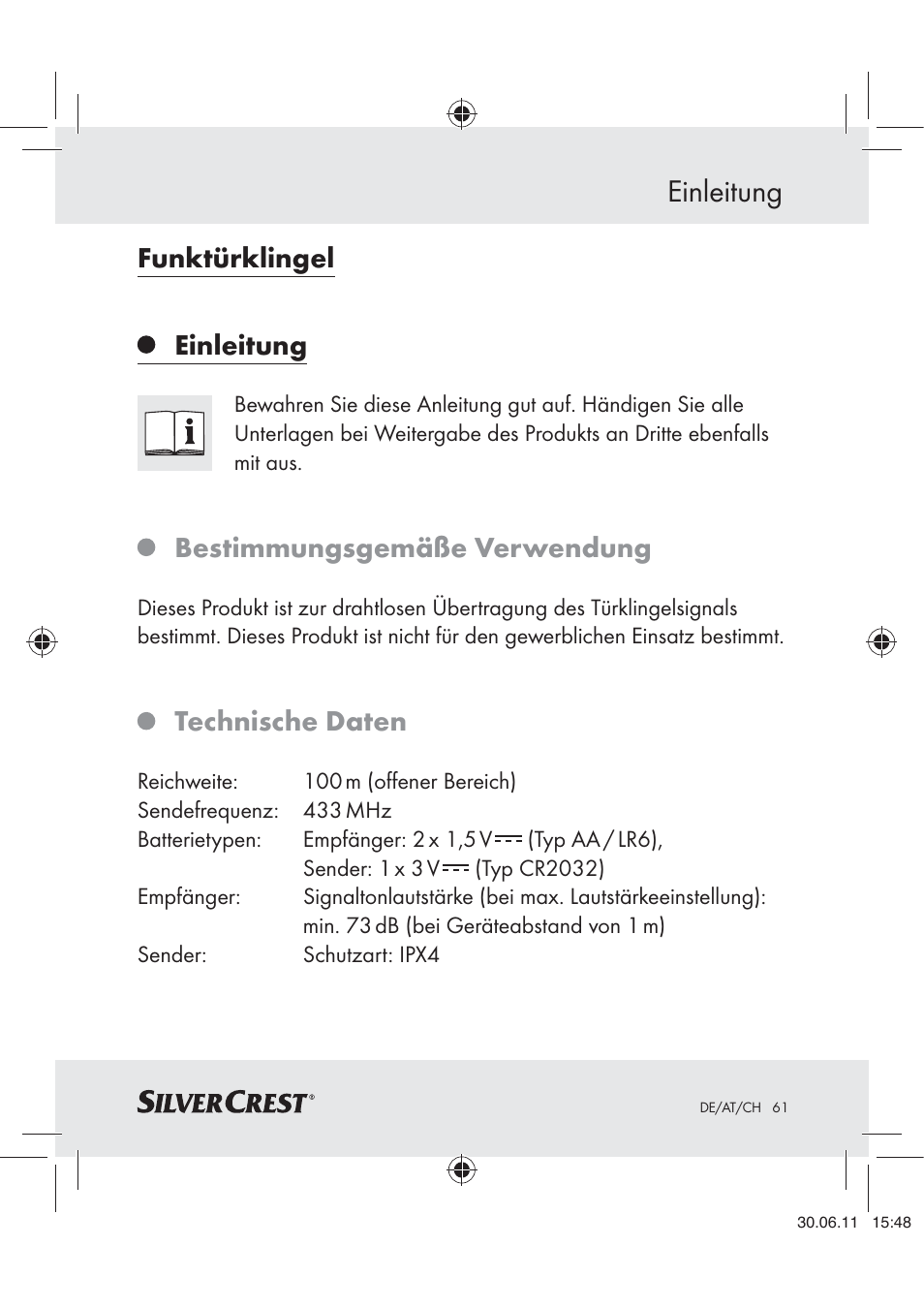 Einleitung, Funktürklingel, Bestimmungsgemäße verwendung | Technische daten | Silvercrest Z30914 User Manual | Page 62 / 74