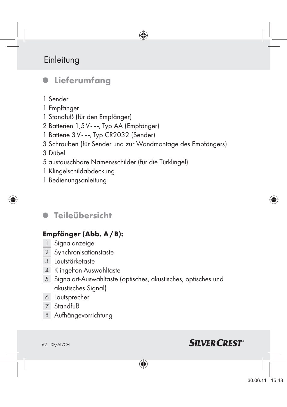 Einleitung, Lieferumfang, Teileübersicht | Silvercrest Z30914 User Manual | Page 63 / 74