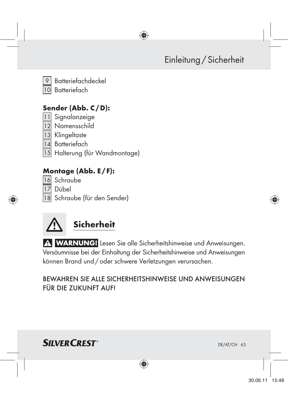 Einleitung / sicherheit, Sicherheit | Silvercrest Z30914 User Manual | Page 64 / 74