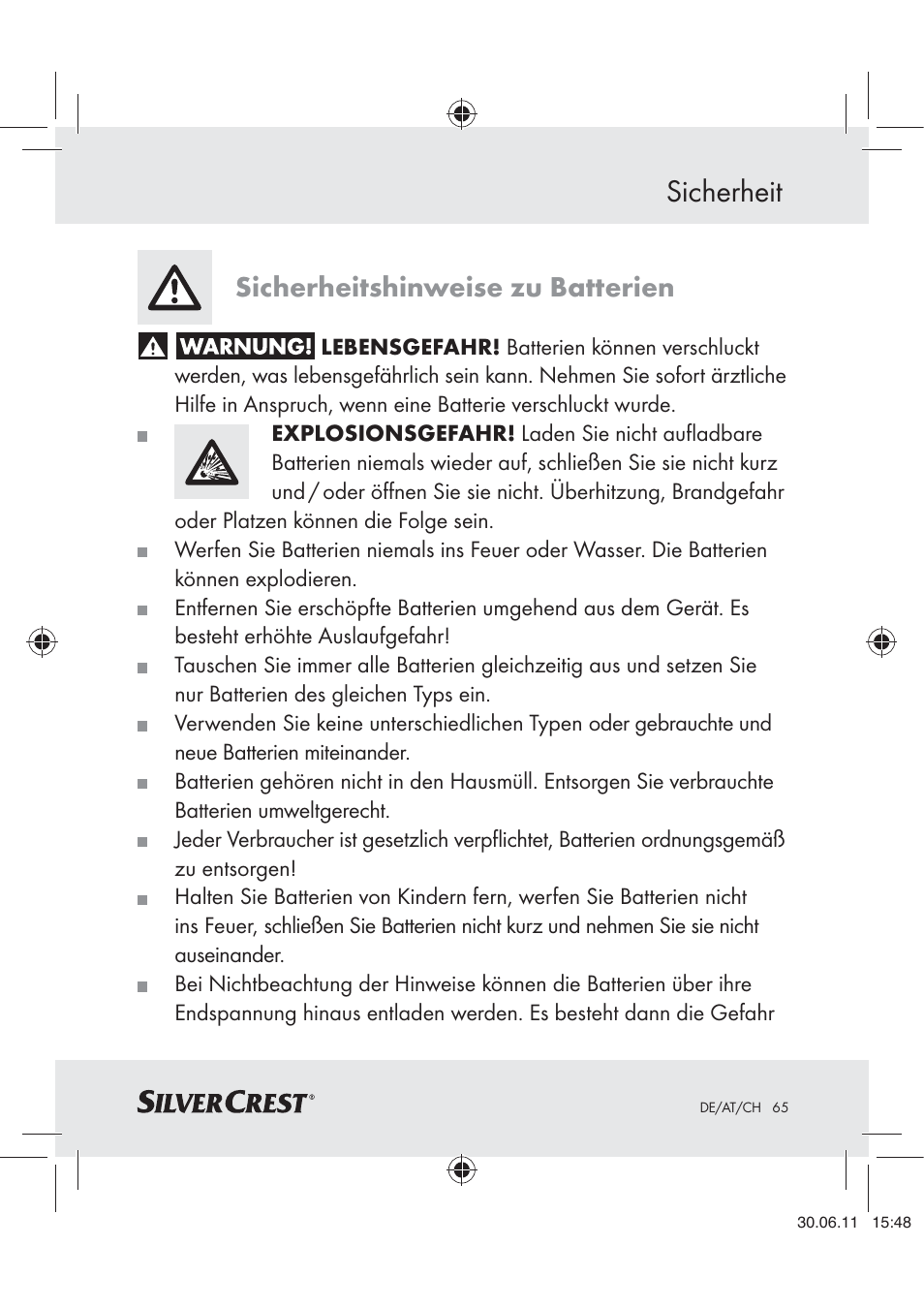 Sicherheit, Sicherheitshinweise zu batterien | Silvercrest Z30914 User Manual | Page 66 / 74