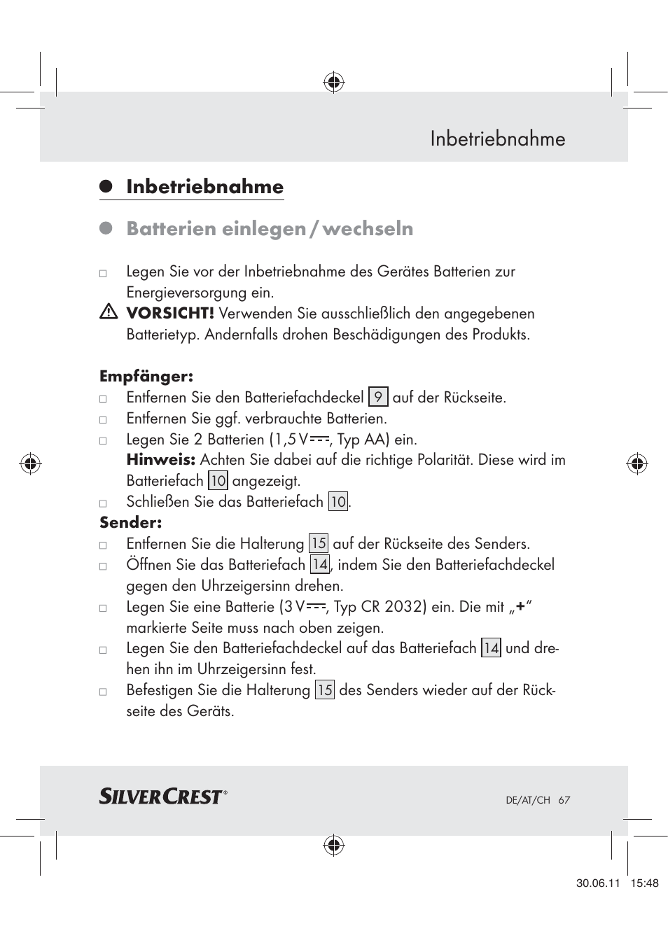 Inbetriebnahme, Batterien einlegen / wechseln | Silvercrest Z30914 User Manual | Page 68 / 74