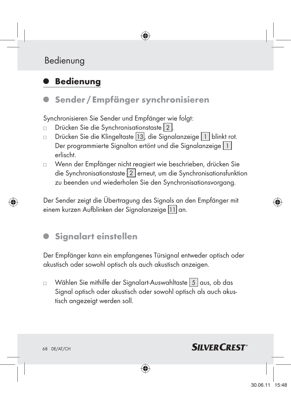 Bedienung, Sender / empfänger synchronisieren, Signalart einstellen | Silvercrest Z30914 User Manual | Page 69 / 74