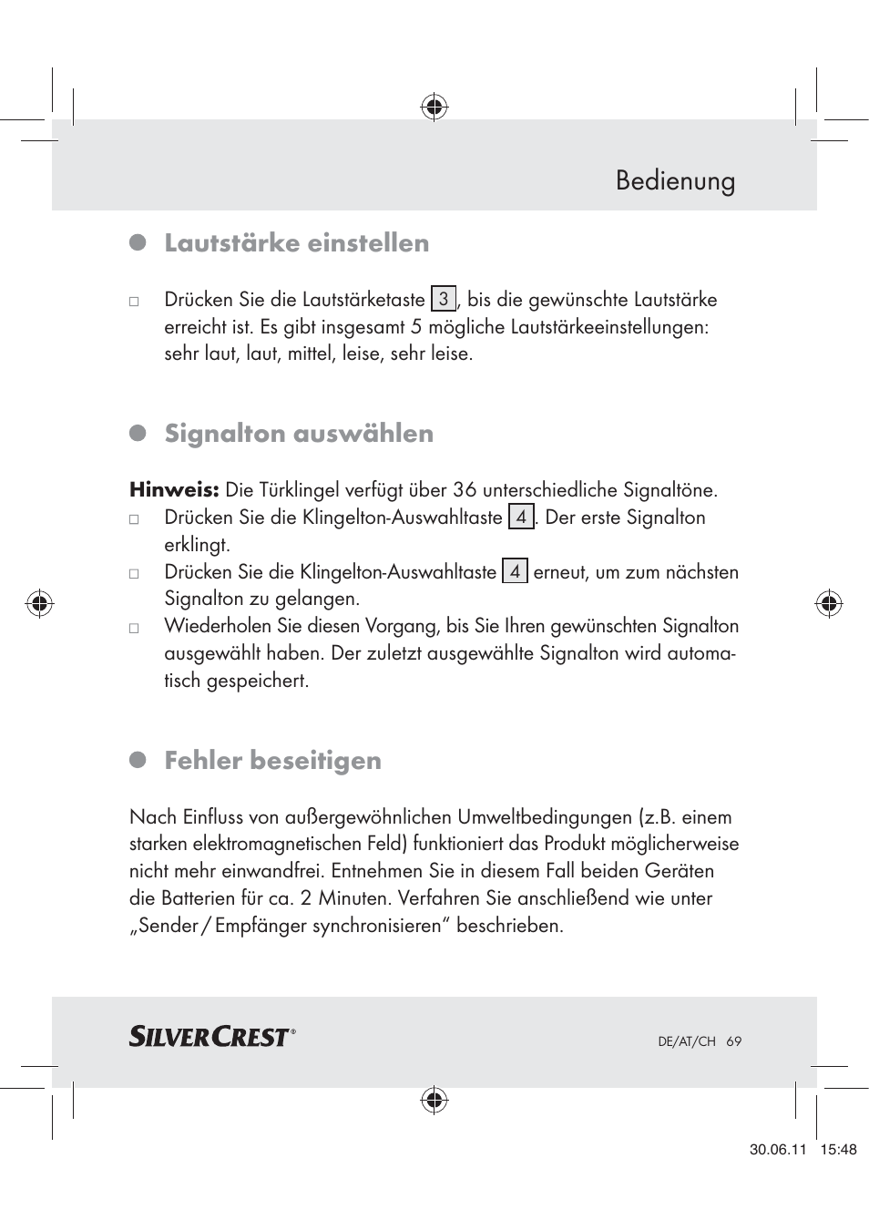 Bedienung, Lautstärke einstellen, Signalton auswählen | Fehler beseitigen | Silvercrest Z30914 User Manual | Page 70 / 74