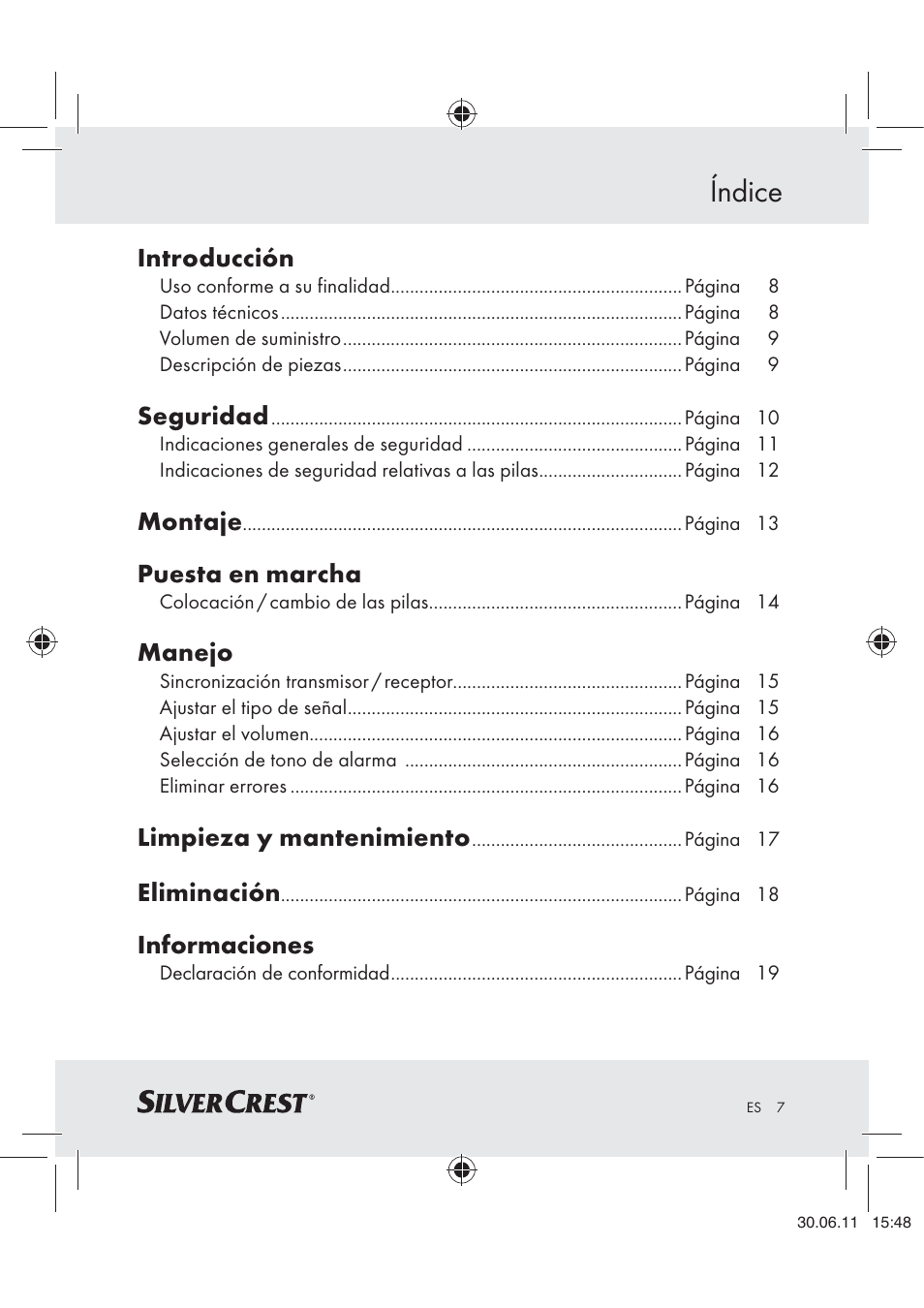 Índice, Introducción, Seguridad | Montaje, Puesta en marcha, Manejo, Limpieza y mantenimiento, Eliminación, Informaciones | Silvercrest Z30914 User Manual | Page 8 / 74
