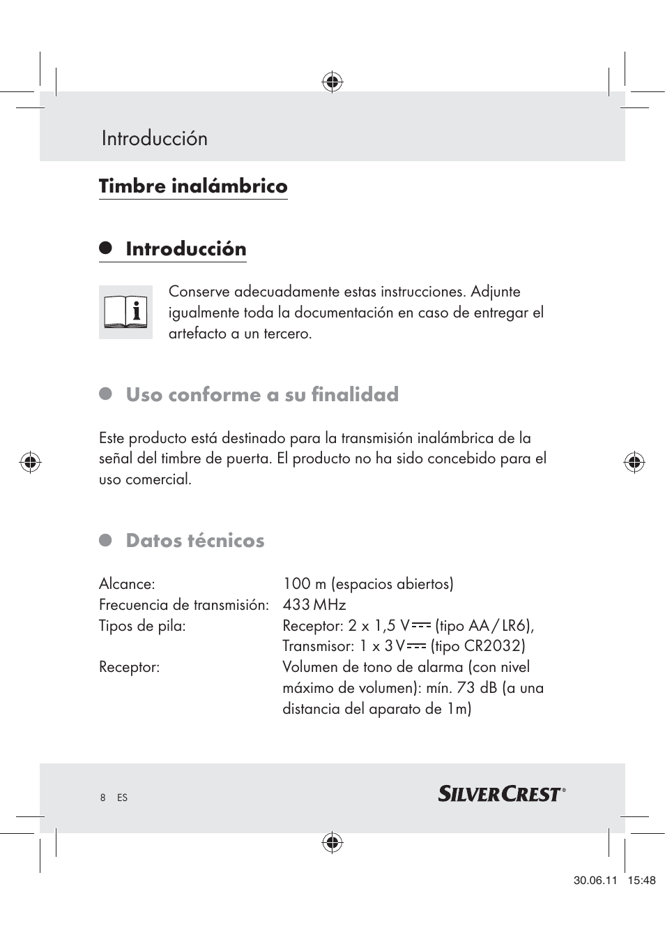Timbre inalámbrico, Introducción, Uso conforme a su ﬁnalidad | Datos técnicos | Silvercrest Z30914 User Manual | Page 9 / 74