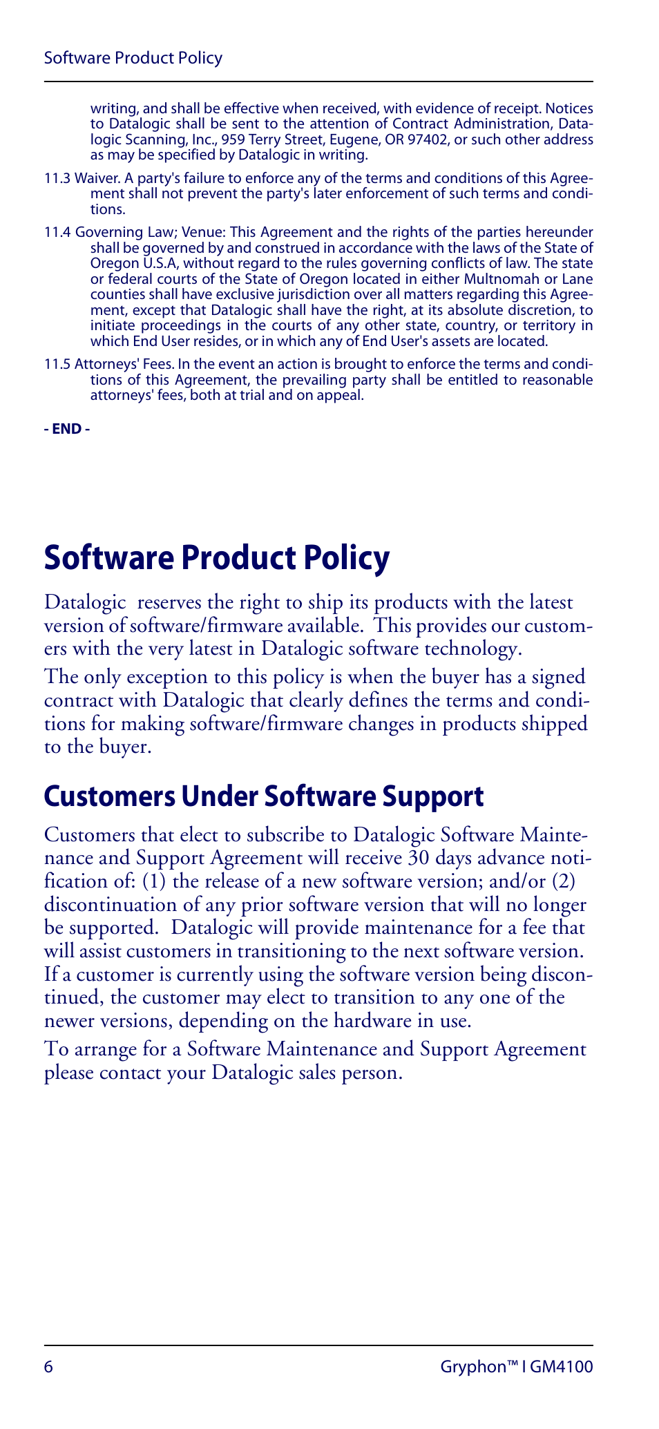Software product policy, Customers under software support | Datalogic Scanning GRYPHON GM4100 User Manual | Page 10 / 52