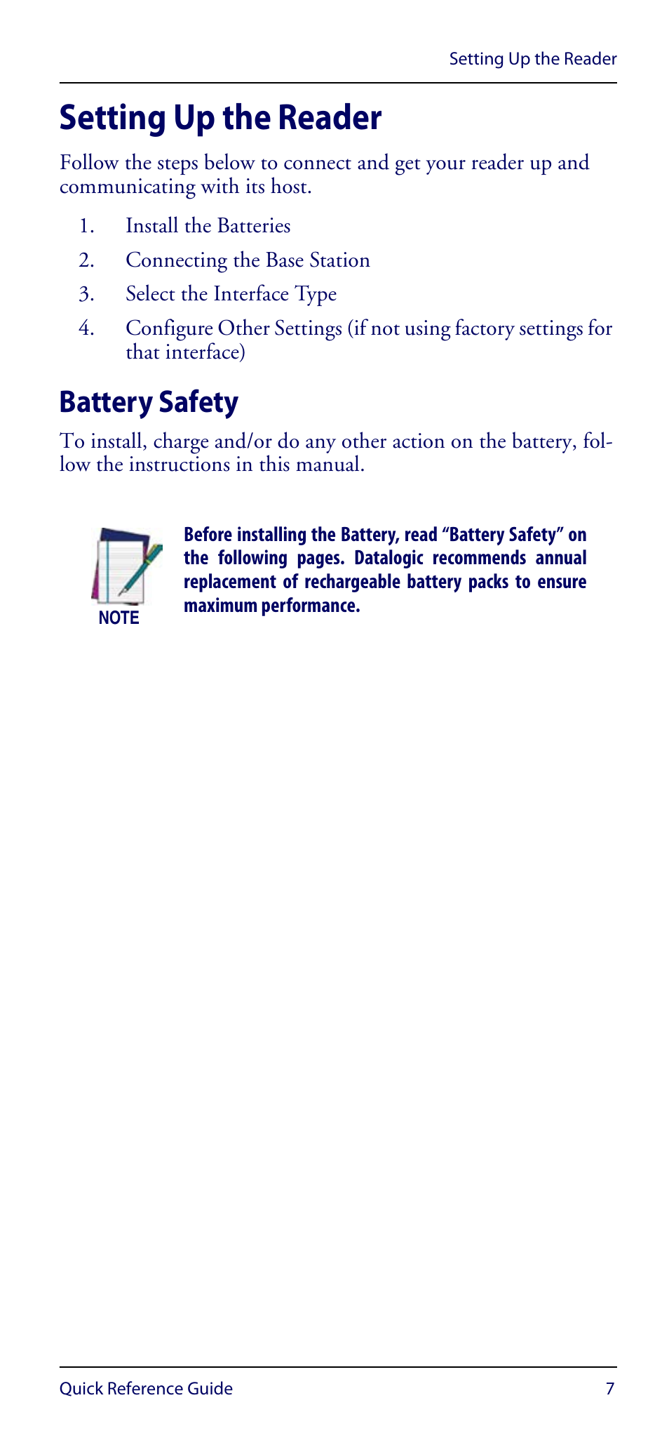 Setting up the reader, Battery safety | Datalogic Scanning GRYPHON GM4100 User Manual | Page 11 / 52