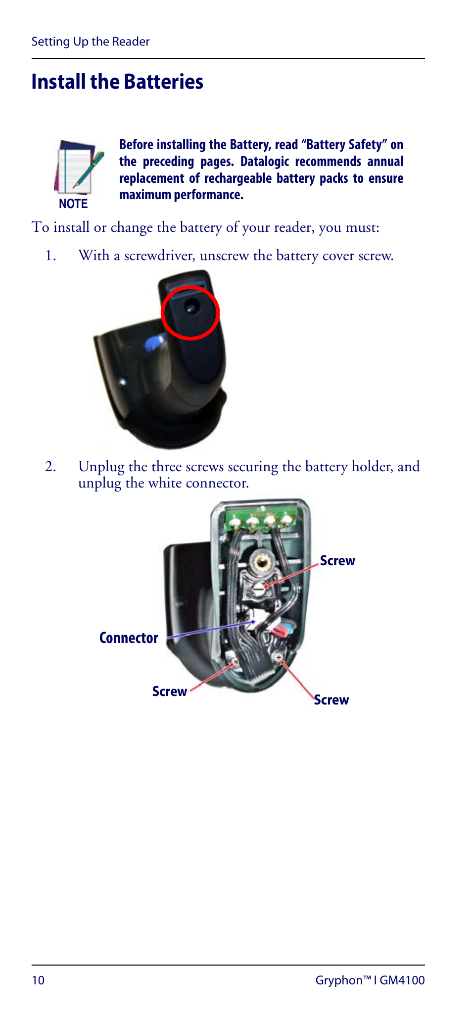 Install the batteries | Datalogic Scanning GRYPHON GM4100 User Manual | Page 14 / 52