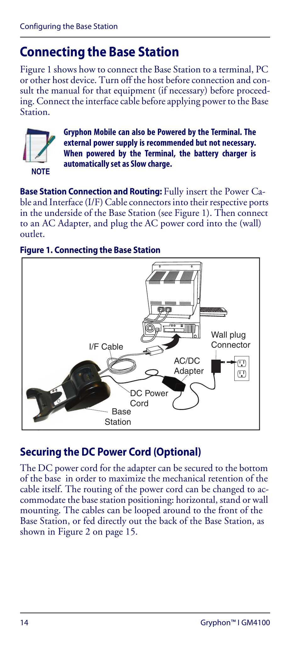 Connecting the base station, Securing the dc power cord (optional) | Datalogic Scanning GRYPHON GM4100 User Manual | Page 18 / 52