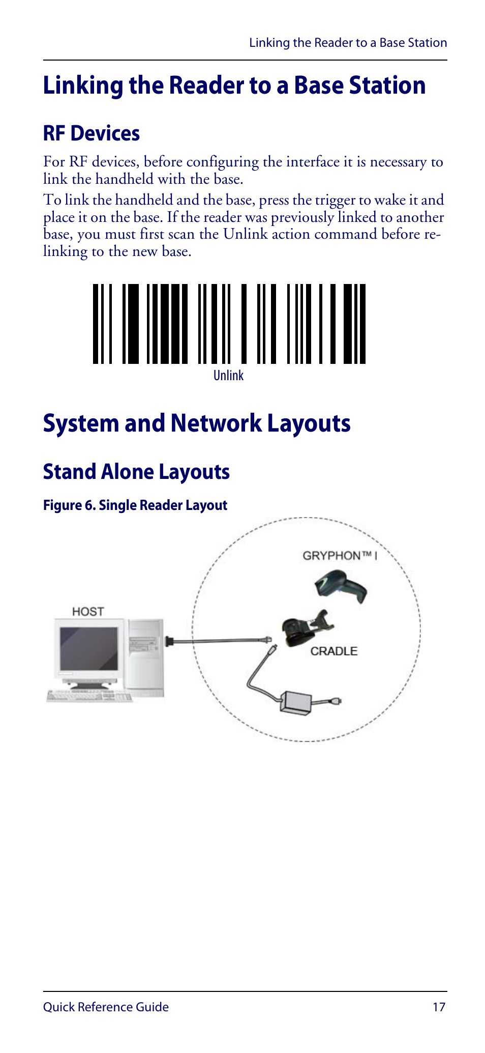 Linking the reader to a base station, Rf devices, System and network layouts | Stand alone layouts | Datalogic Scanning GRYPHON GM4100 User Manual | Page 21 / 52