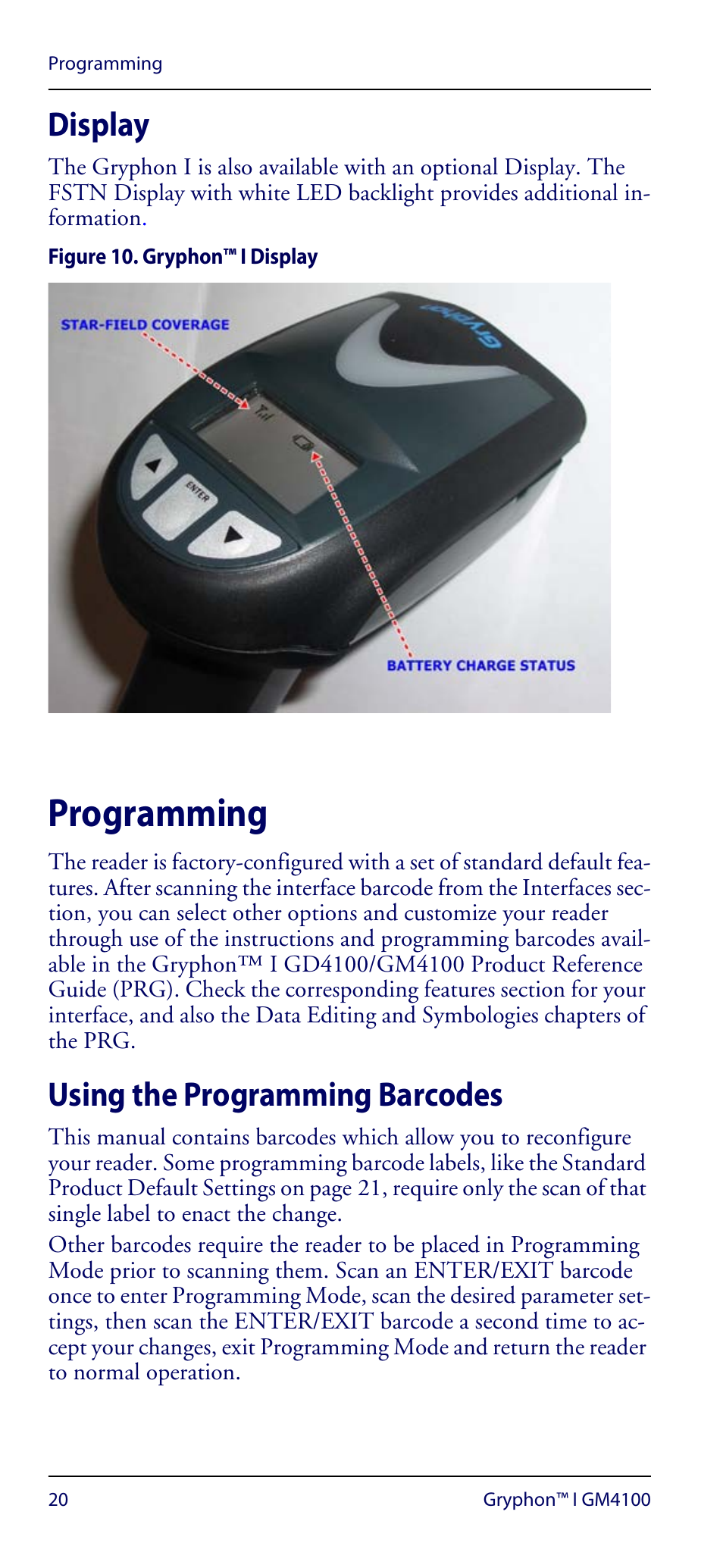 Display, Programming, Using the programming barcodes | Datalogic Scanning GRYPHON GM4100 User Manual | Page 24 / 52