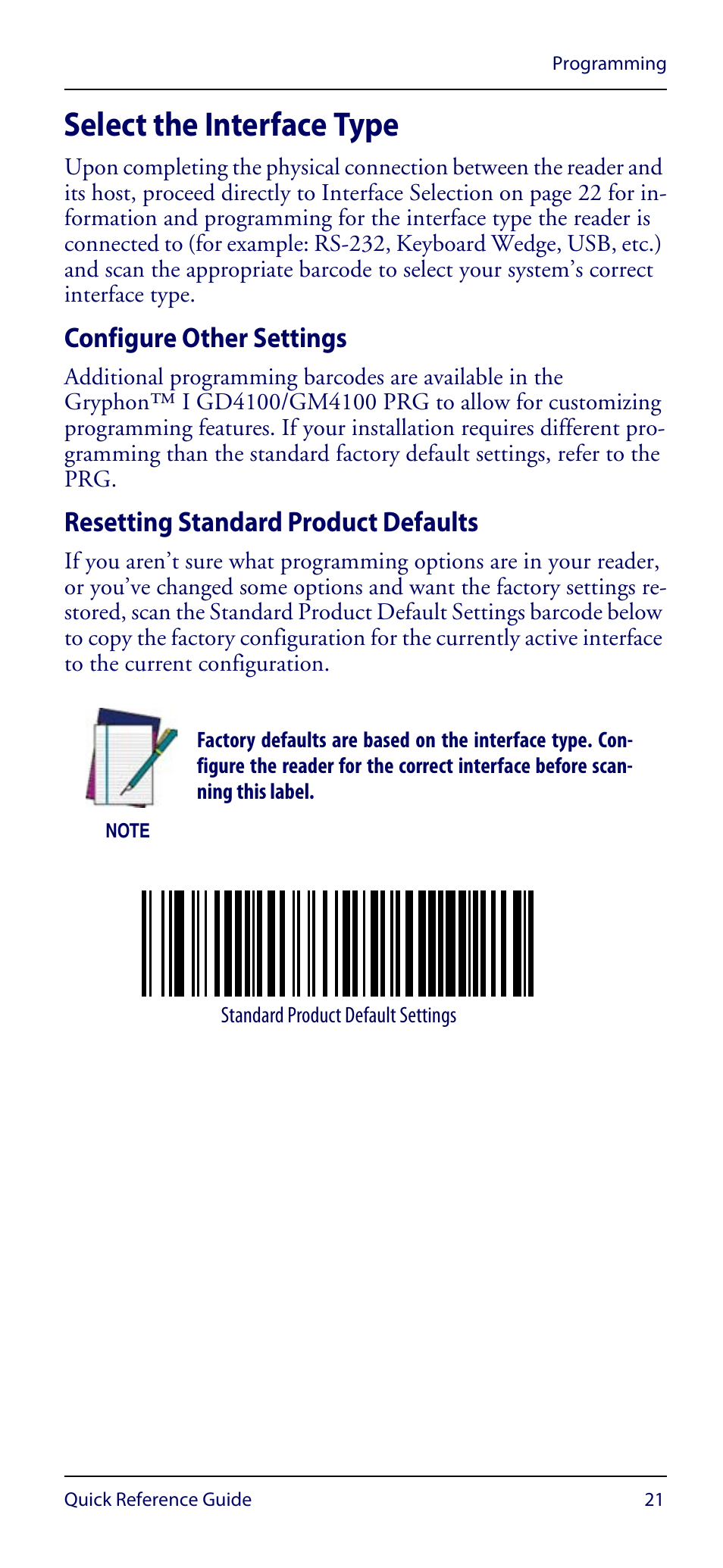 Select the interface type, Configure other settings, Resetting standard product defaults | Datalogic Scanning GRYPHON GM4100 User Manual | Page 25 / 52