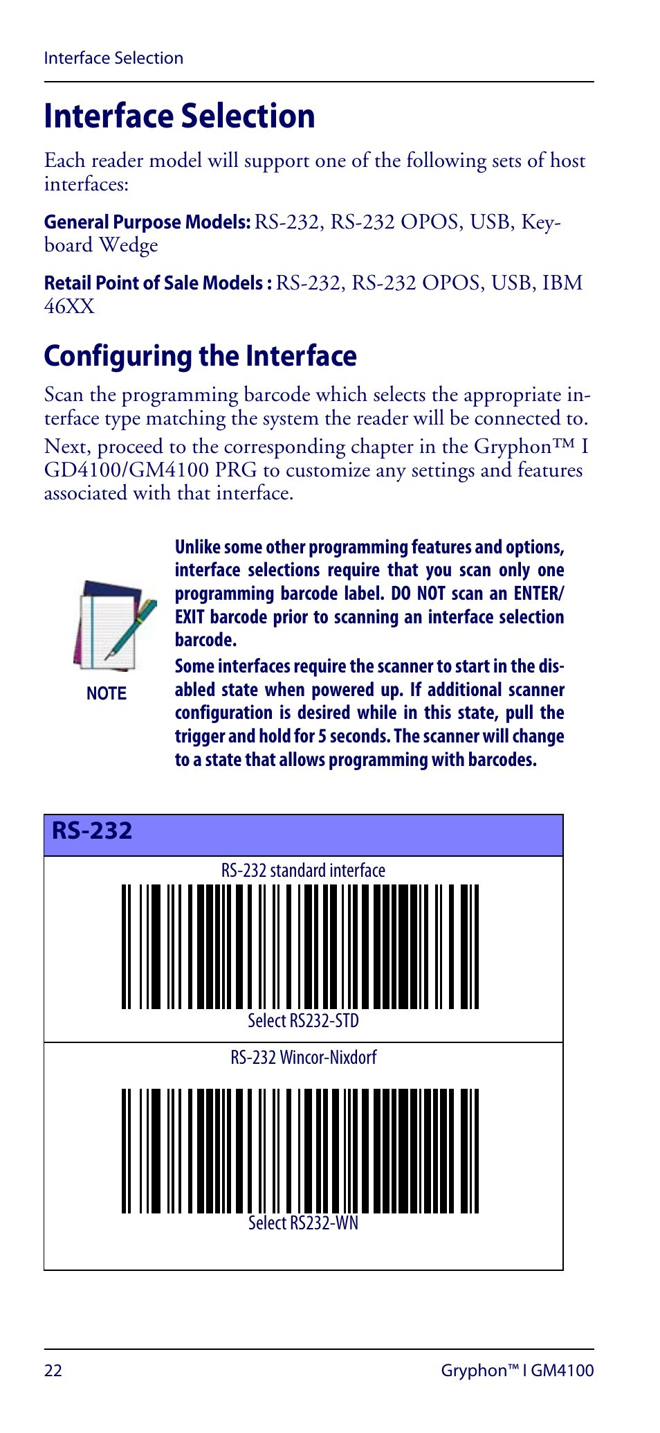 Interface selection, Configuring the interface, Rs-232 | Datalogic Scanning GRYPHON GM4100 User Manual | Page 26 / 52