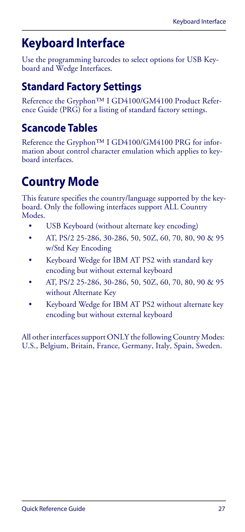 Keyboard interface, Standard factory settings, Scancode tables | Country mode, Standard factory settings scancode tables | Datalogic Scanning GRYPHON GM4100 User Manual | Page 31 / 52