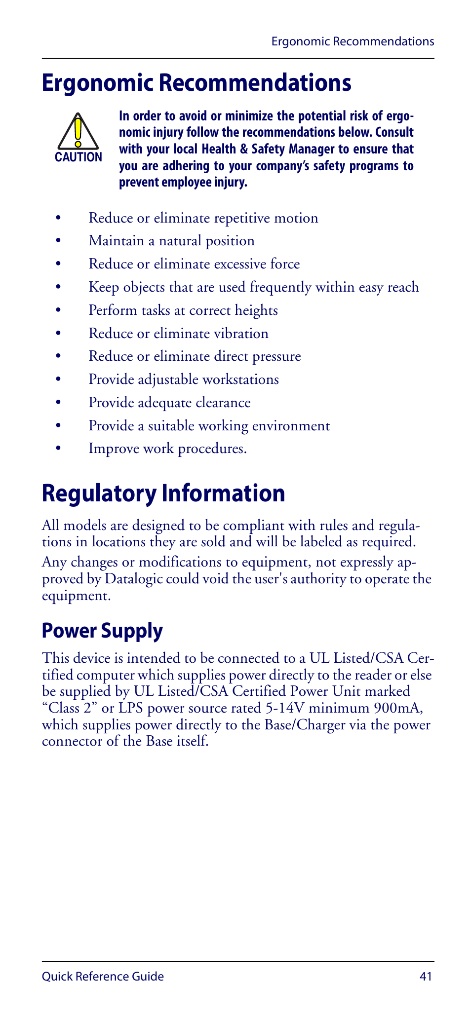 Ergonomic recommendations, Regulatory information, Power supply | Ergonomic recommendations regulatory information | Datalogic Scanning GRYPHON GM4100 User Manual | Page 45 / 52