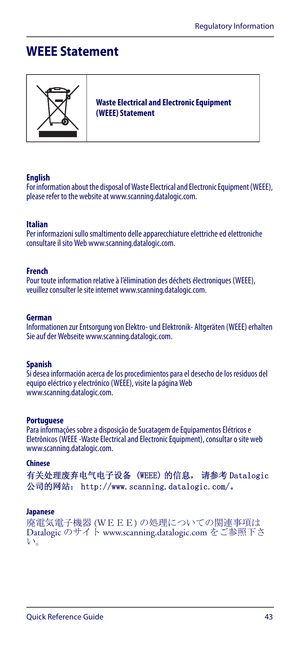 Weee statement | Datalogic Scanning GRYPHON GM4100 User Manual | Page 47 / 52