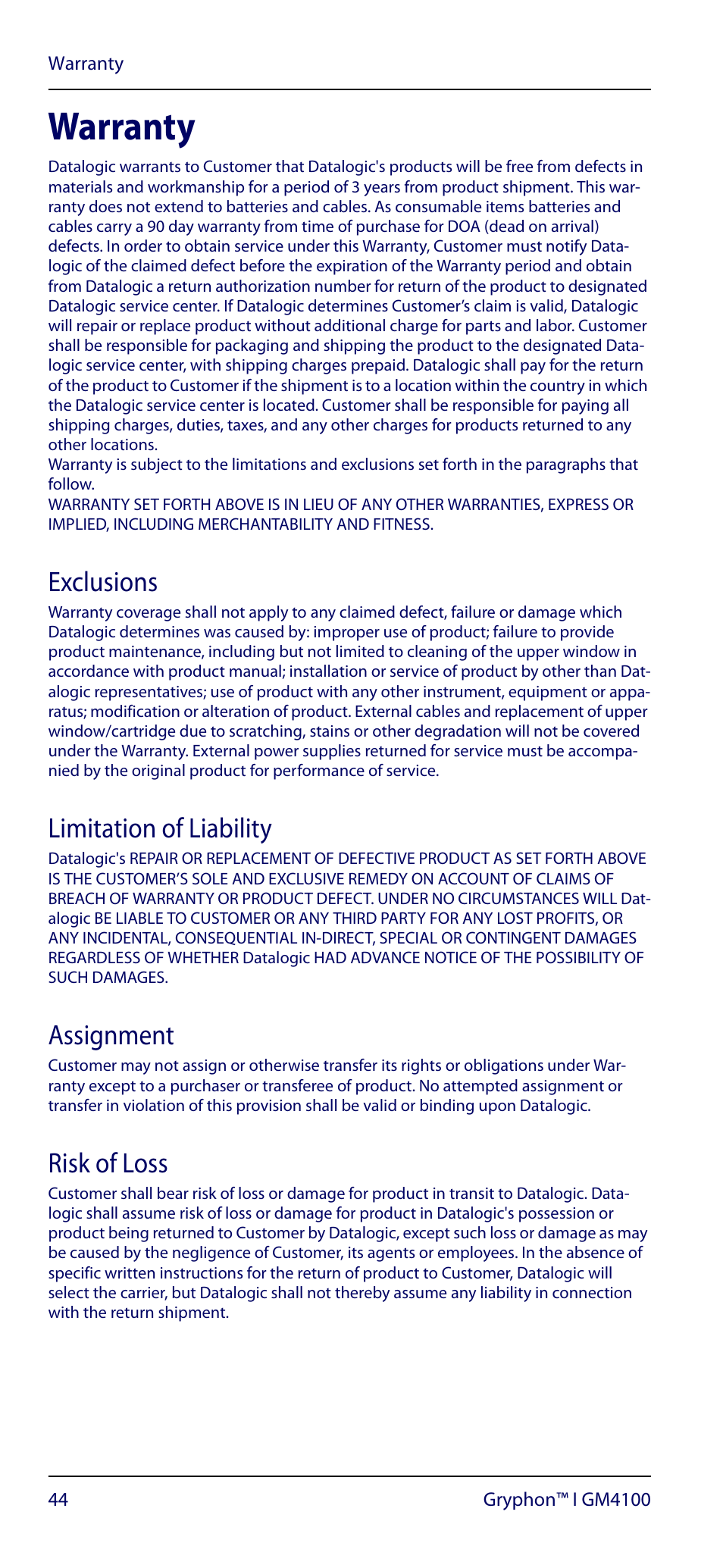 Warranty, Exclusions, Limitation of liability | Assignment, Risk of loss | Datalogic Scanning GRYPHON GM4100 User Manual | Page 48 / 52