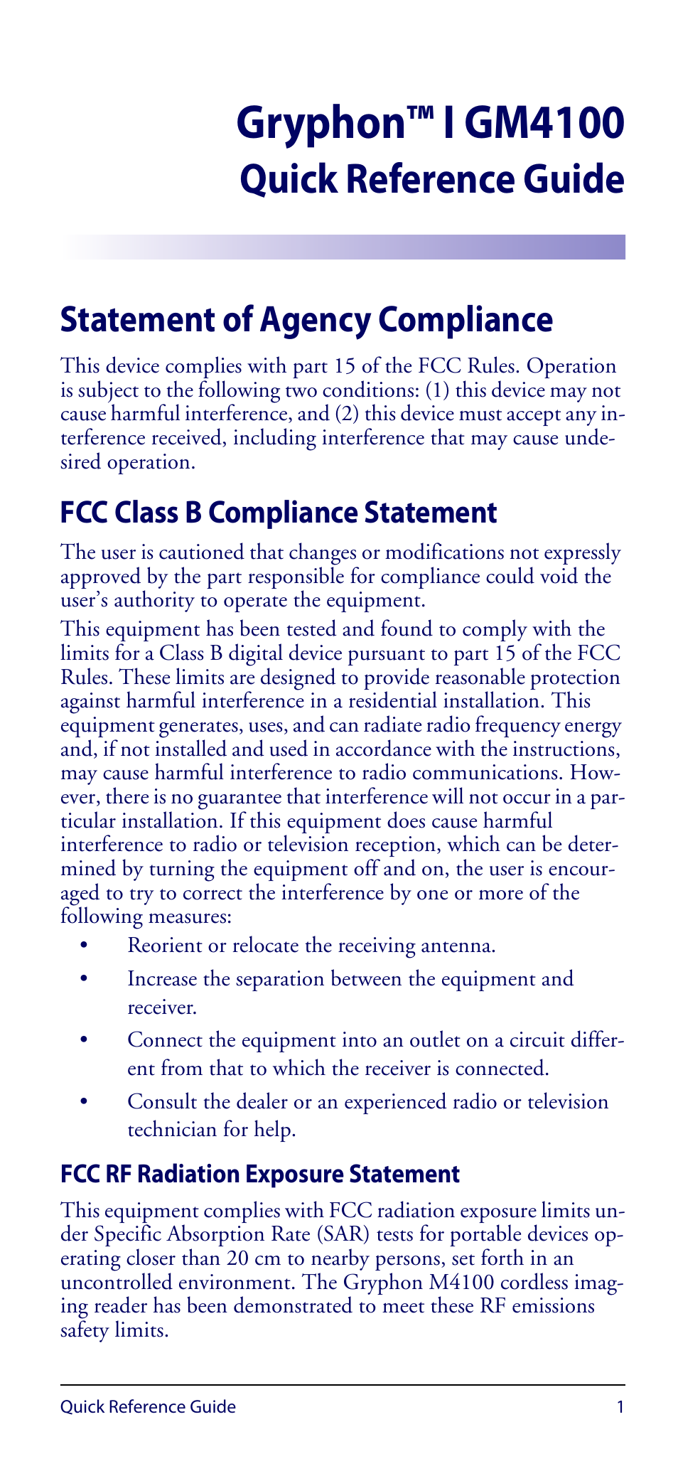 Gryphon™ i gm4100 quick reference guide, Statement of agency compliance, Fcc class b compliance statement | Fcc rf radiation exposure statement, Gryphon™ i gm4100, Quick reference guide | Datalogic Scanning GRYPHON GM4100 User Manual | Page 5 / 52