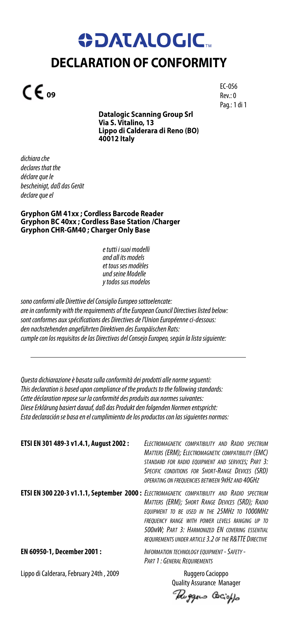 Declaration of conformity | Datalogic Scanning GRYPHON GM4100 User Manual | Page 51 / 52