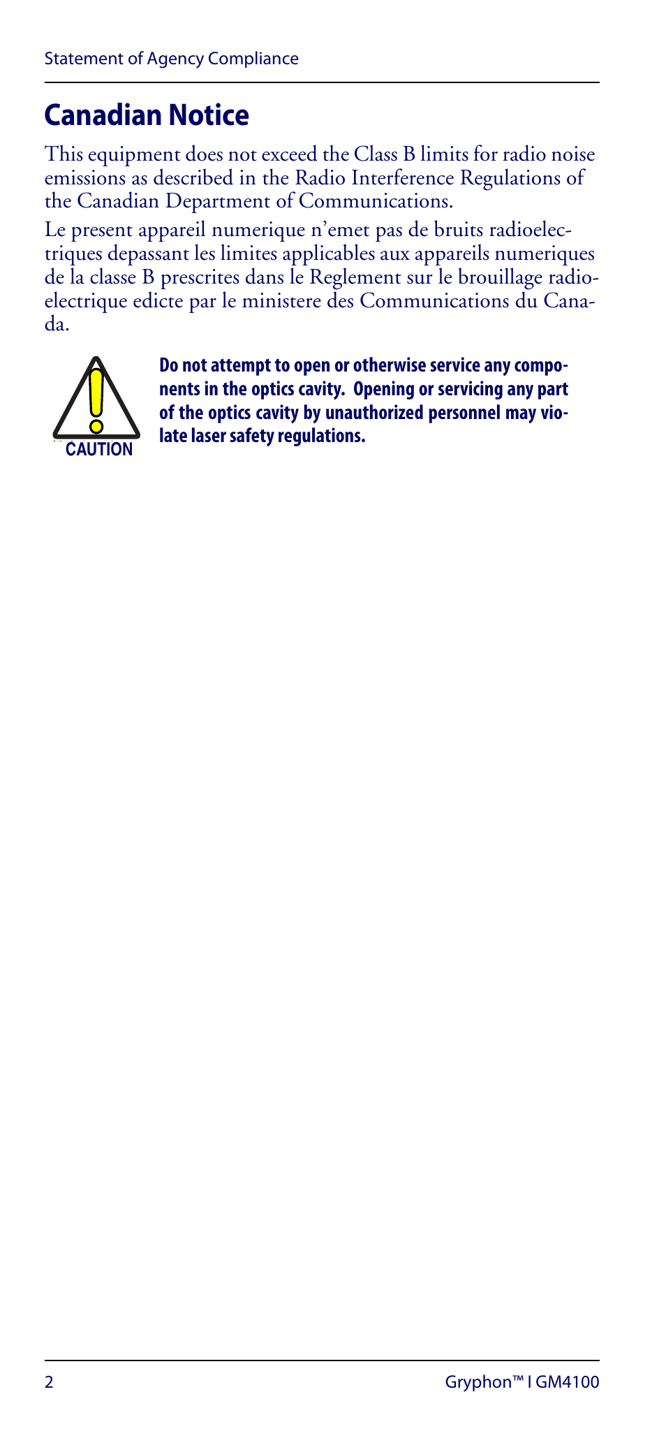 Canadian notice | Datalogic Scanning GRYPHON GM4100 User Manual | Page 6 / 52