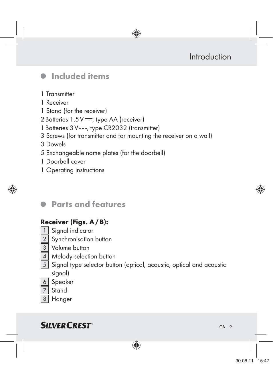 Introduction, Included items, Parts and features | Silvercrest Z30914 User Manual | Page 10 / 101