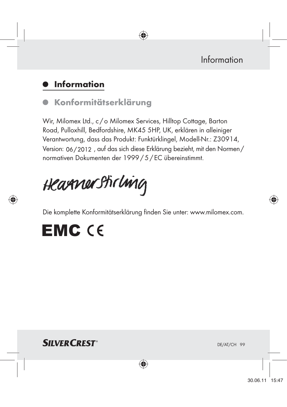 Information, Konformitätserklärung | Silvercrest Z30914 User Manual | Page 100 / 101