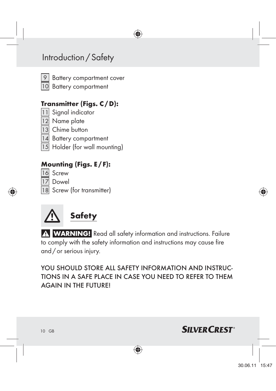 Introduction / safety, Safety | Silvercrest Z30914 User Manual | Page 11 / 101
