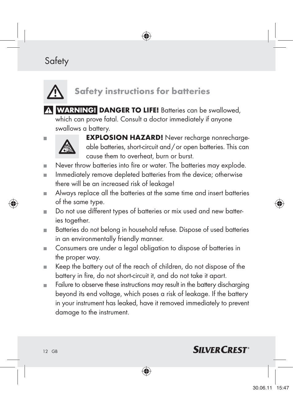 Safety, Safety instructions for batteries | Silvercrest Z30914 User Manual | Page 13 / 101