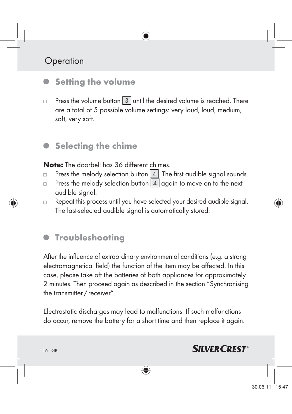 Operation, Setting the volume, Selecting the chime | Troubleshooting | Silvercrest Z30914 User Manual | Page 17 / 101