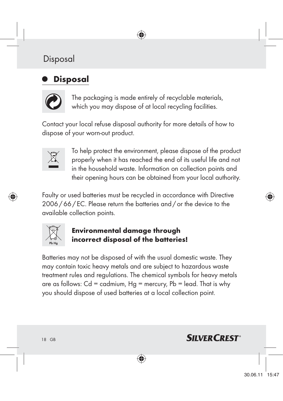 Disposal | Silvercrest Z30914 User Manual | Page 19 / 101