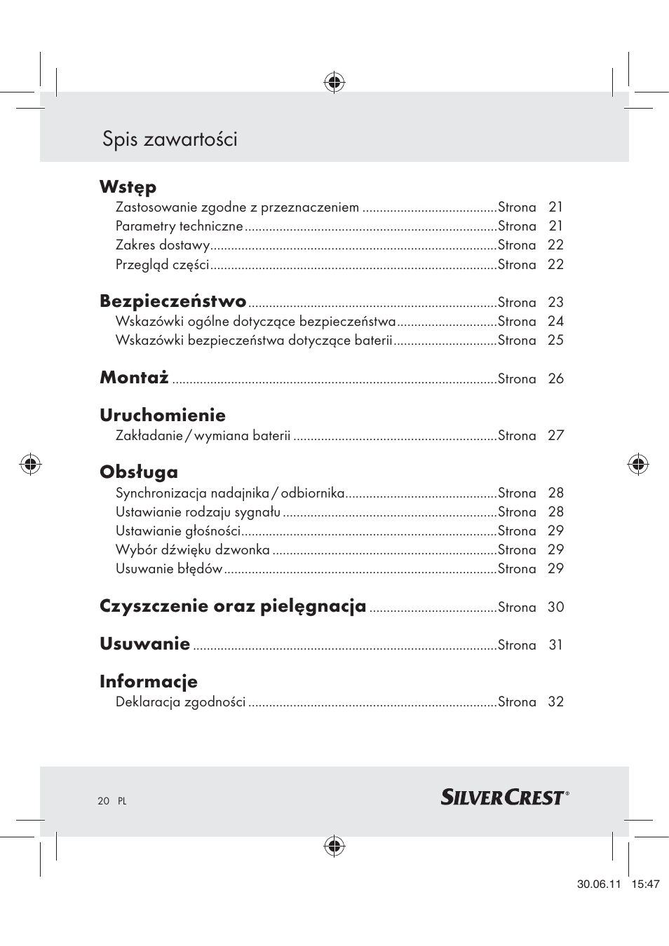 Spis zawartości, Wstęp, Bezpieczeństwo | Montaż, Uruchomienie, Obsługa, Czyszczenie oraz pielęgnacja, Usuwanie, Informacje | Silvercrest Z30914 User Manual | Page 21 / 101